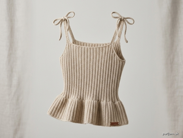 Oatmeal Square Neck Ribbed Tank With Peplum Tie Straps