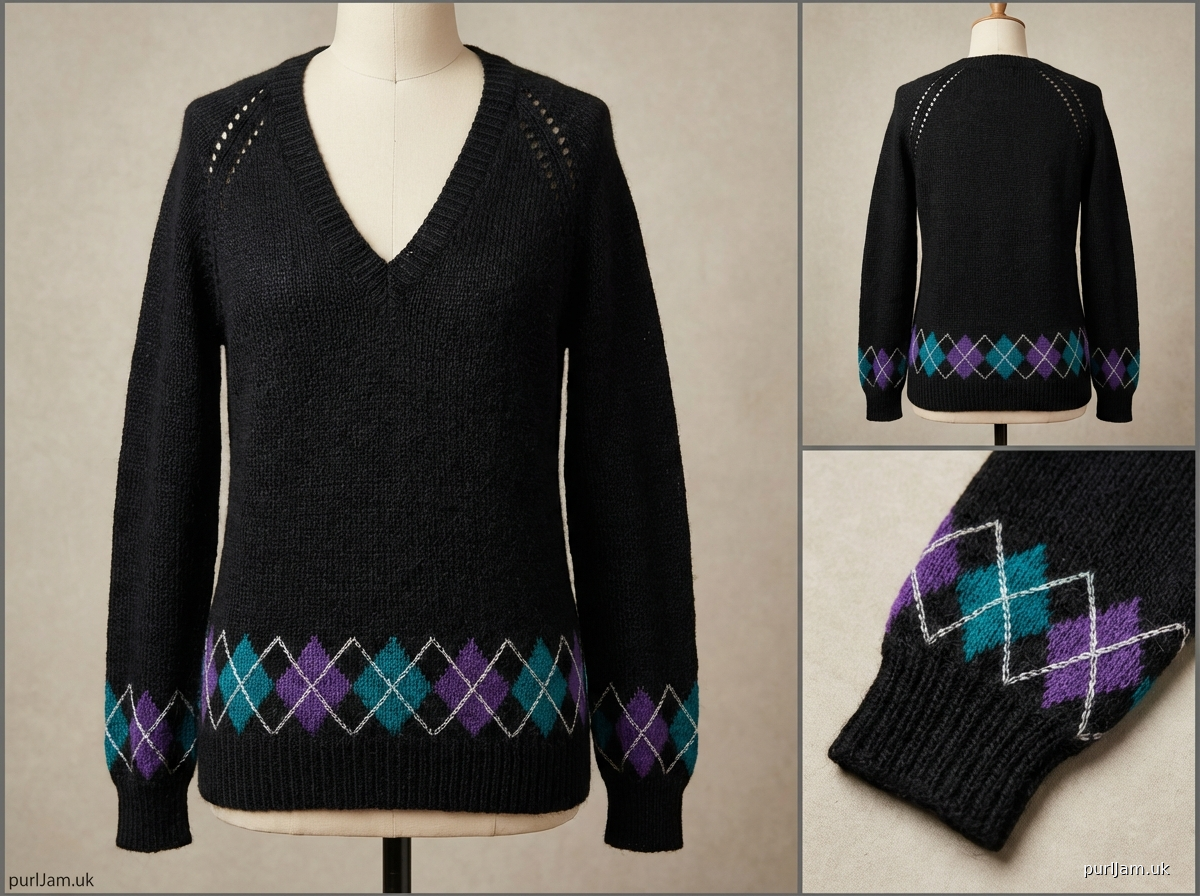 Plunging V Neck Raglan Sweater With Argyle Detail