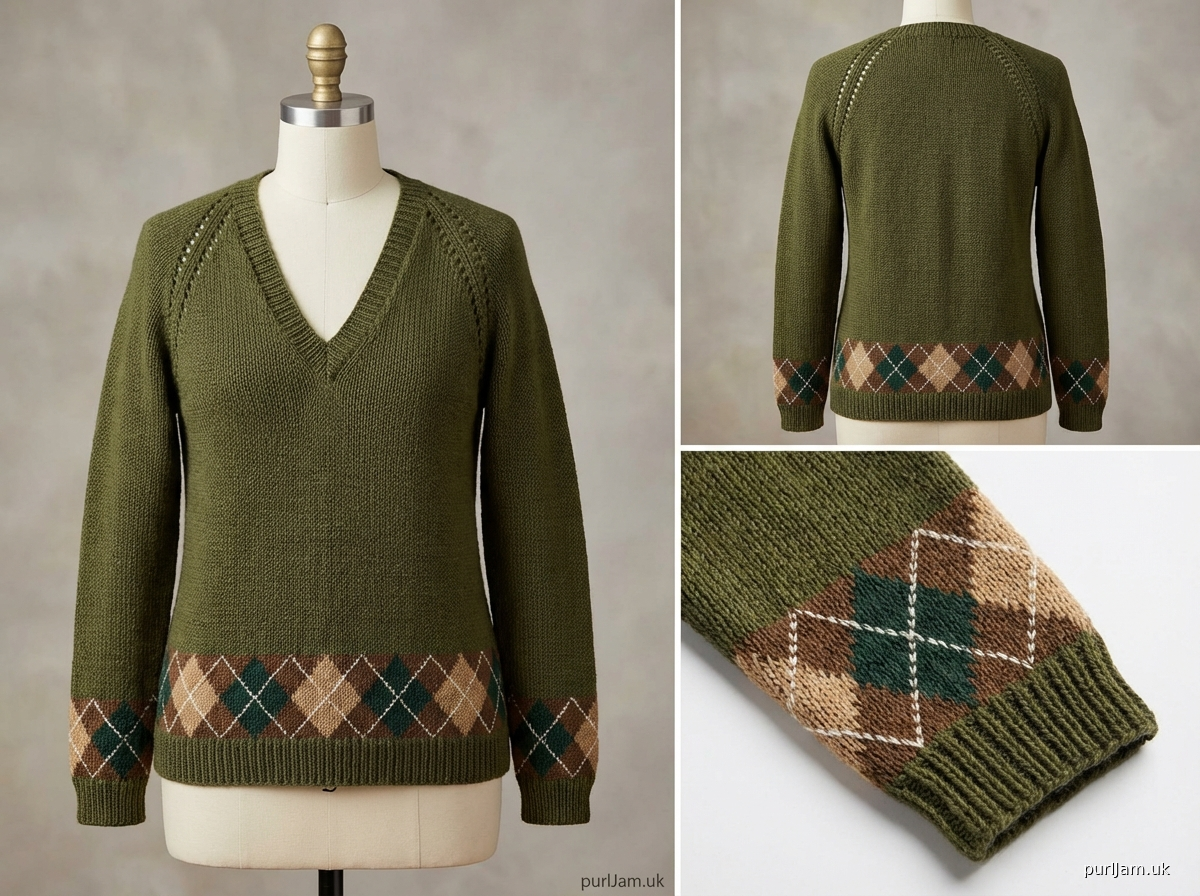 Deep V Neck Raglan Sweater With Argyle Detail