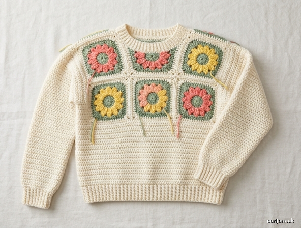 Colorful Floral Motif Crochet Pullover