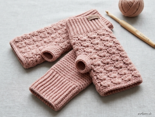 Dusty Rose Cluster Fan Fingerless Mitts